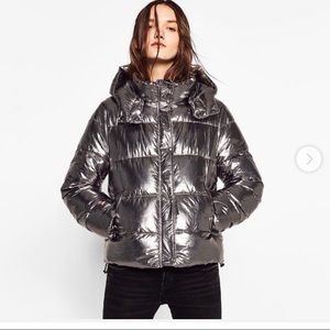 ZARA Women’s Metallic Puffer Jacket With Removable Hood